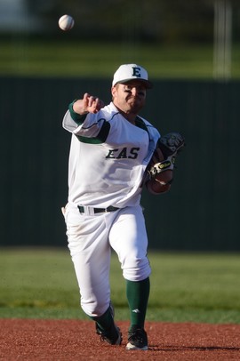 Eastern senior Tucker Rubino throws toward first base as Michigan State freshman Ryan Krill makes it to second base as Eastern takes on Michigan State at Oestrike Stadium on Wednesday. Melanie Maxwell I AnnArbor.com